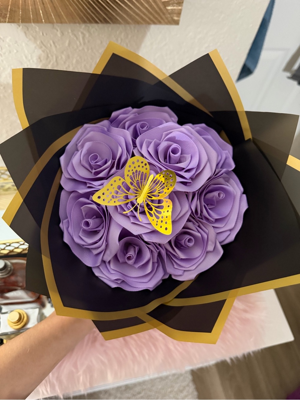 Purple Faux Rose Bouquet with Yellow Butterfly Accent - Brand